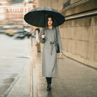 VIRE重磅高定系列40088系带时尚收腰灰色羊毛连衣裙B